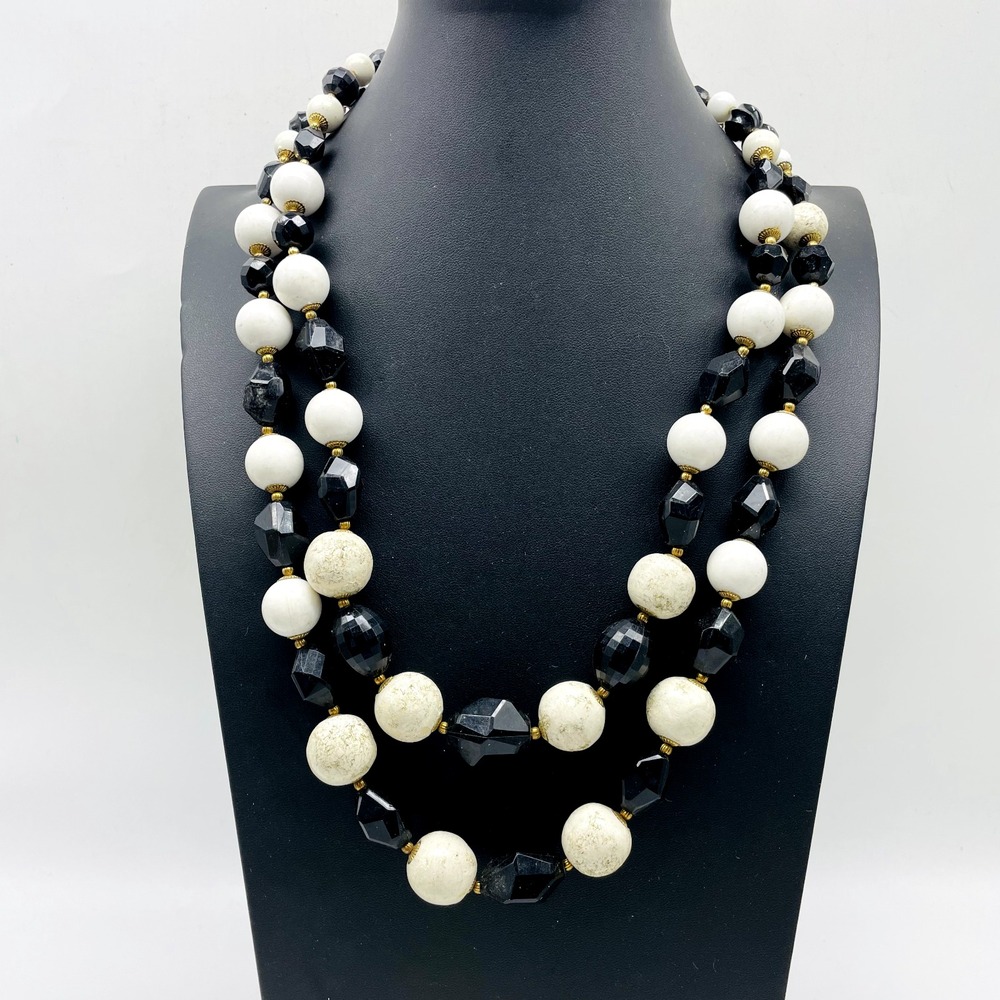 Black White Beaded Necklace Double Strand Chunky Statement Costume Jewelry